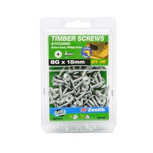 Zenith 8g x 15mm Galvanised Button Head Stitching Timber Screws - 100 Pack