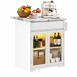 Advwin Kitchen Island Cart on Wheels with Power Outlet, LED Strip, Drawer White