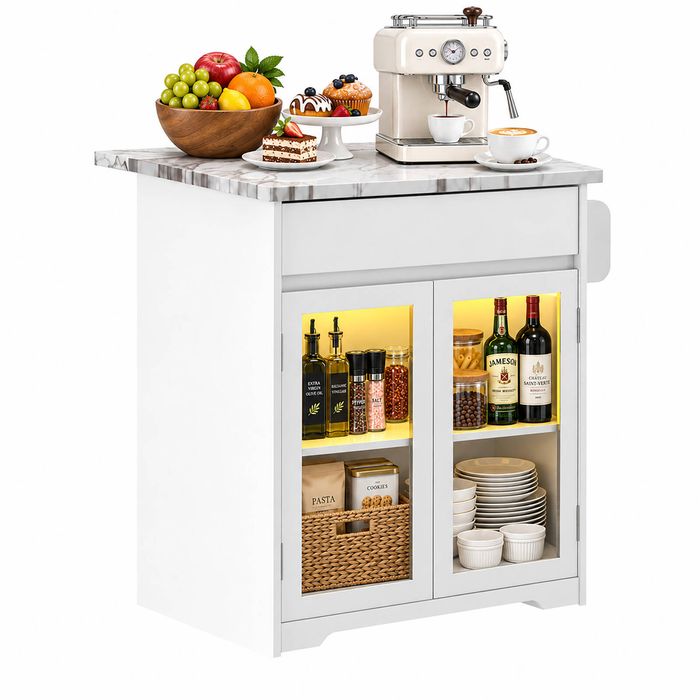 Advwin Kitchen Island Cart on Wheels with Power Outlet, LED Strip, Drawer White