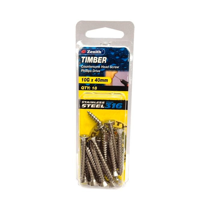 Zenith 10G x 40mm 316 Stainless Steel Countersunk Head Timber Screws - 18 Pack