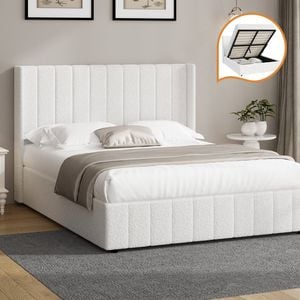 Oikiture Bed Frame Gas Lift Base Queen Size Boucle Fabric