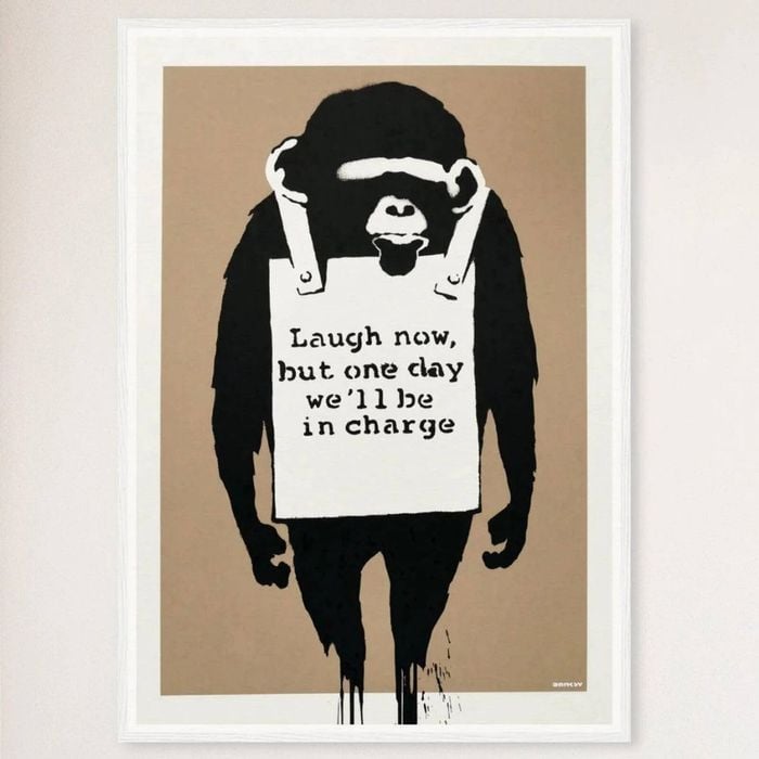 Galrie Banksy Laugh Now Art Print 2003 - Iconic Wall Decor, White Frame, A2 42 x 60cm (16 x 24inch)