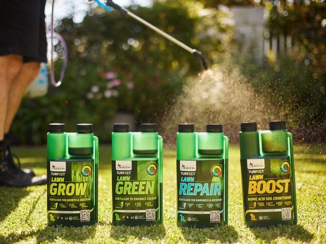 Person applying liquid fertiliser to perfect lawn.