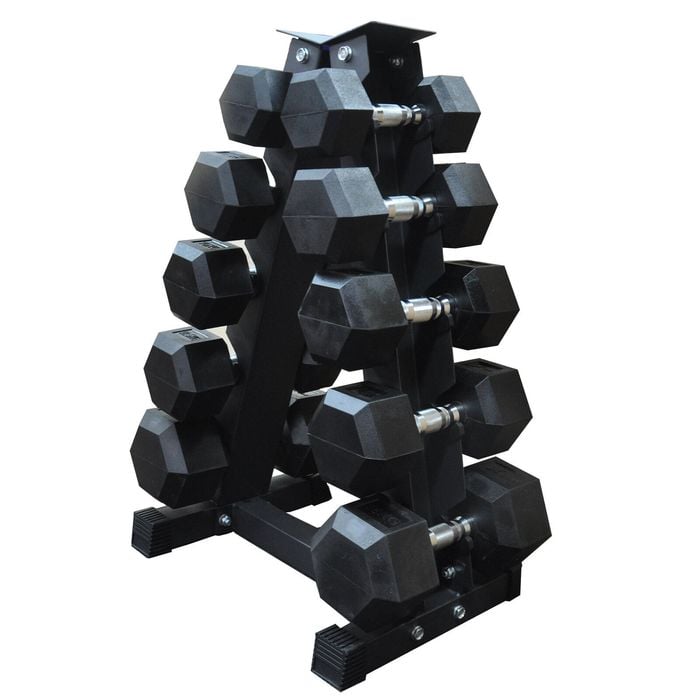 100kg - 5 Pair Hex Rubber Dumbell Weight Set With Rack
