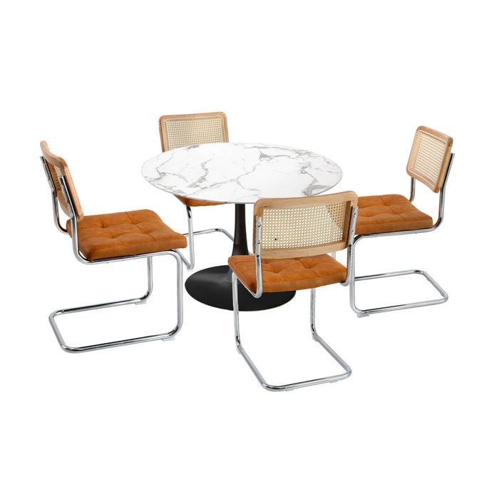 Oikiture 5PCS Dining sets 90cm Round Dining Table with Dining Chairs PU Leather Brown