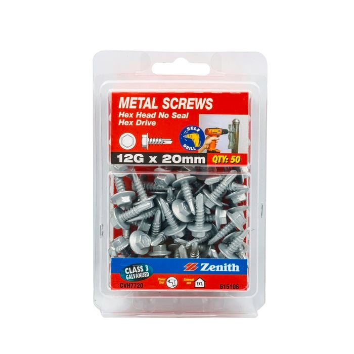 Zenith 12G x 20mm Galvanised Hex Head Metal Screw - 50 Pack