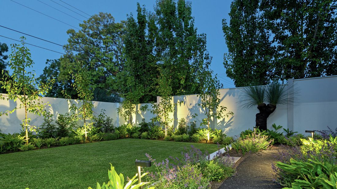 A well-lit landscaped garden with a green lawn, garden beds and a white fence