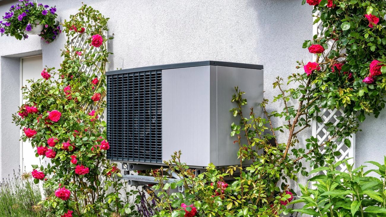 Outdoor unit of a heat pump heating system surrounded by flowers.