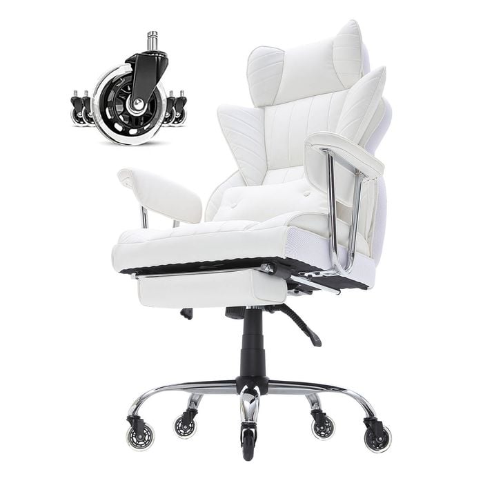 Vevor Reclining Office Chair White With Footrest Heavy Duty Pu Leather With Lumbar Support