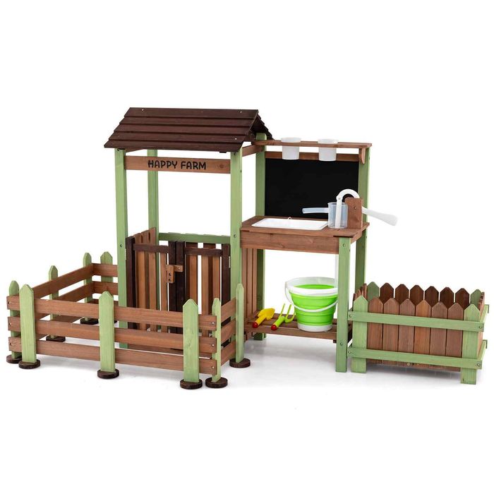 Costway Kid Outdoor Mud Farm Playset Wood Barnyard Pretend Toy-Brown
