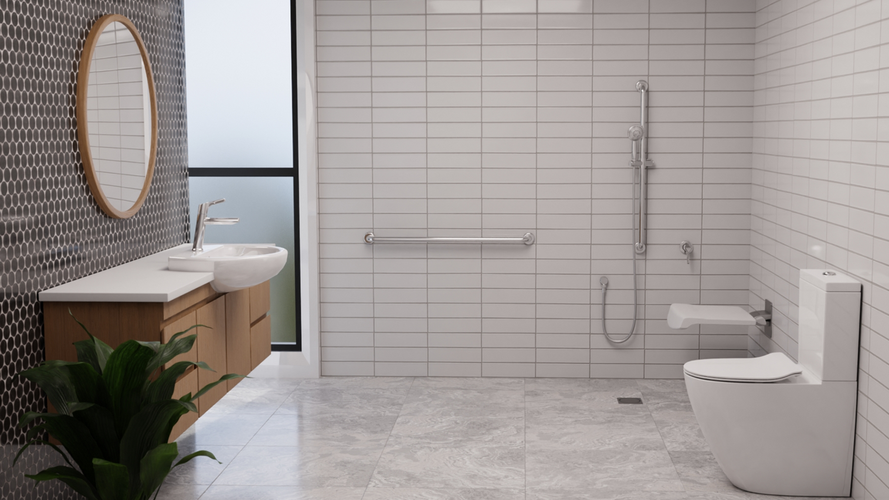 White tiled bathroom with hand rail, toilet,  timber mirror hanging on the wall and pot plant inthe corner
