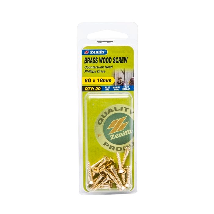 Zenith 6G x 18mm Solid Brass Wood Screw - 20 Pack