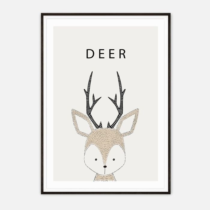 Galrie Charming Minimalist Deer Illustration -Whimsical Animal Art Print for Home Decor, Black Frame, A1 60 x 84cm (23 x 33inch)