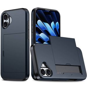 For Apple iPhone 17 Slide Armor Card Holder Wallet Protective Shockproof Hard Dual Layer Back Cover (Navy Blue)