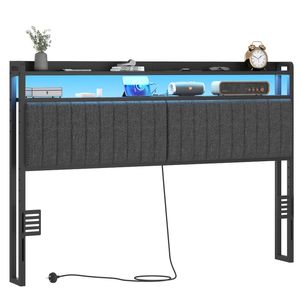 Advwin Double Size Upholstered Storage Headboard Height Adjustable with LED Light and Charging Station