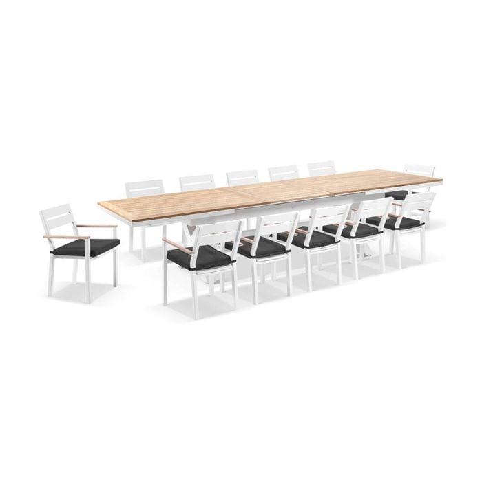 Bay Gallery Furnitire Austin Table 12 Capri Chairs White & Denim Grey Cushions