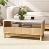 Homfurn Coffee Table, Marble Top, Fluted Drawer, Pine Legs, 2 Drawers With Open Shelf, Modern Living Room, Wood & White