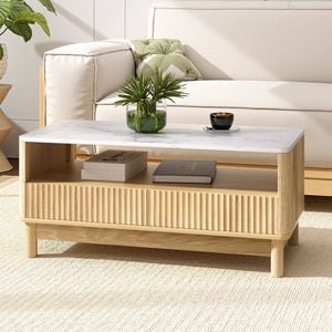 Homfurn Coffee Table, Marble Top, Fluted Drawer, Pine Legs, 2 Drawers With Open Shelf, Modern Living Room, Wood & White
