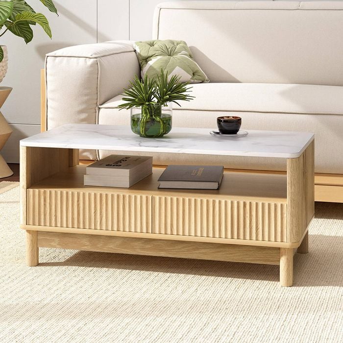 Homfurn Coffee Table, Marble Top, Fluted Drawer, Pine Legs, 2 Drawers With Open Shelf, Modern Living Room, Wood & White