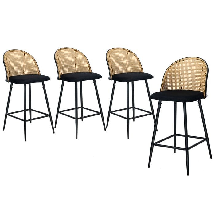 Oikiture 4x Bar Stools Rattan Back Velvet Fabric Black