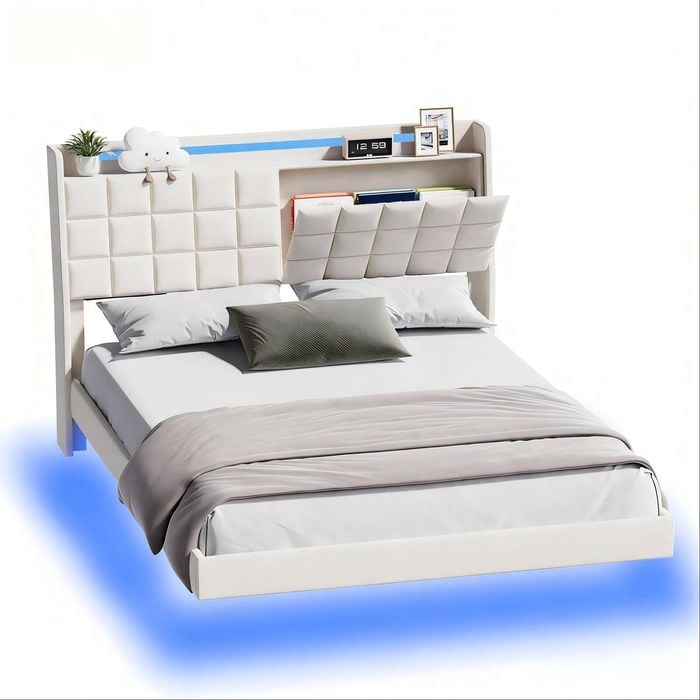 Advwin Double Floating Bed Frame with LED Lights and Storage Headboard Biege