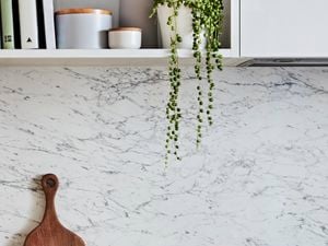Marble splashback in kitchen.