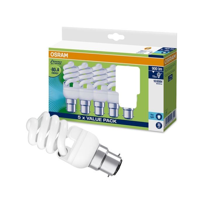 Osram Mini Spiral CFL 15W B22 865Lm Daylight Light Globe - 5 Pack