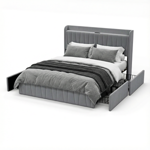 Advwin Bed Frame Queen Size with 4 Storage Drawers & Charging Station Grey