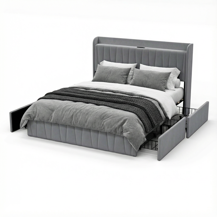 Advwin Bed Frame Queen Size with 4 Storage Drawers & Charging Station Grey