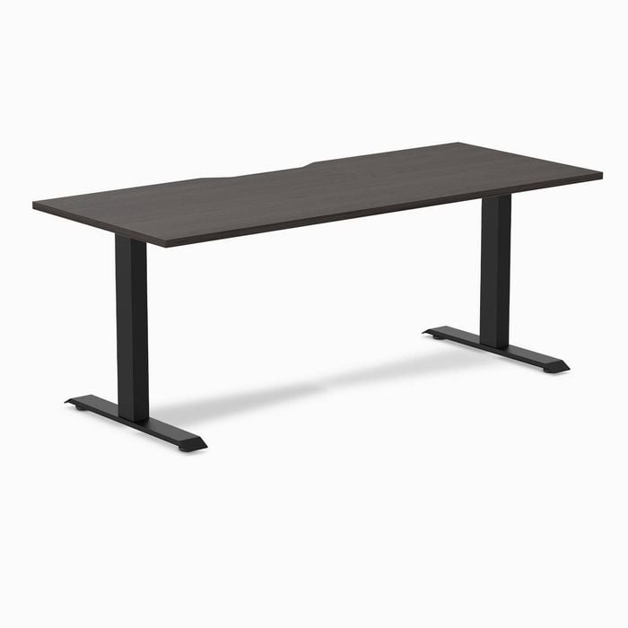 Desky Fixed Height Burnished Wood Scalloped Melamine Desk 180x75cm Matte Black Leg