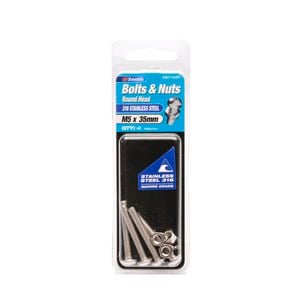 Zenith Bolt & Nut Round M 5x 35mm SS316 4pk