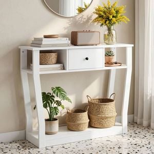 HOMFURN Console Table 100cm White Narrow Hallway Entryway Sofa Side Drawer Shelf