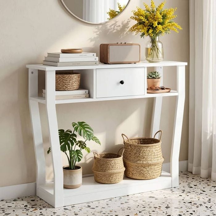 HOMFURN Console Table 100cm White Narrow Hallway Entryway Sofa Side Drawer Shelf