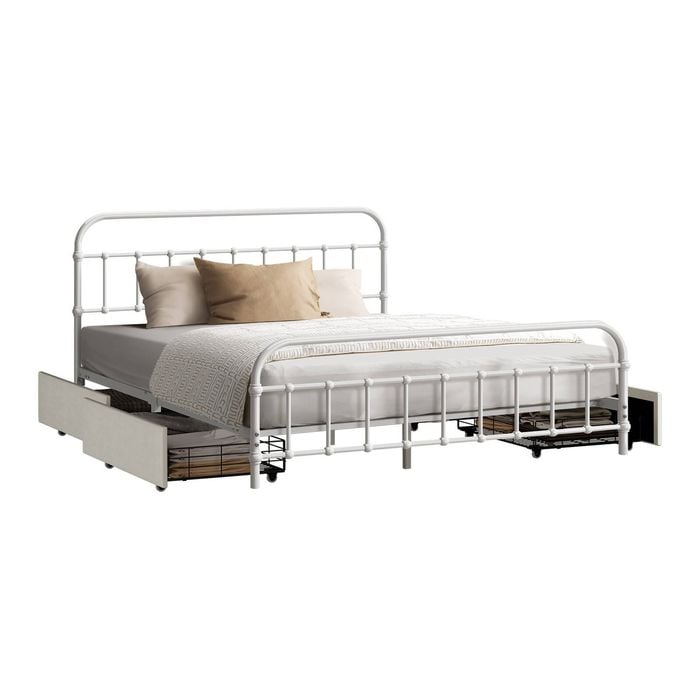 Oikiture Metal Bed Frame Queen Size Bed Base With 4 Drawers White