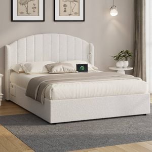 Oikiture Bed Frame Queen Size With Gas Lift Storage Usb Charging Boucle