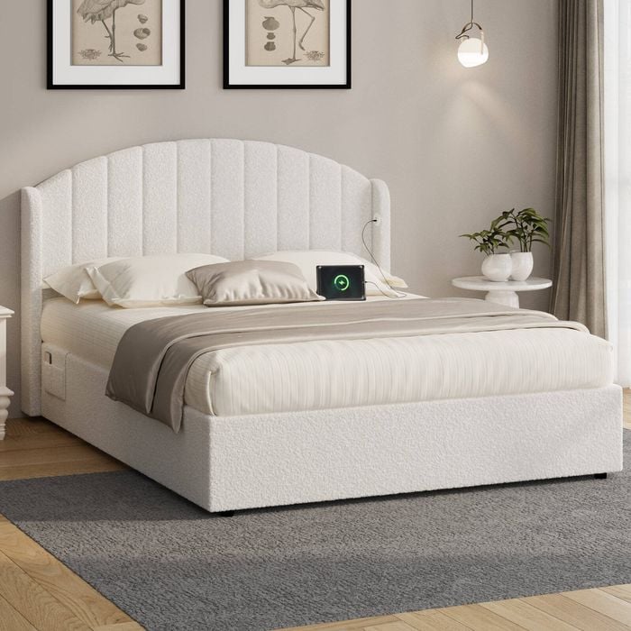 Oikiture Bed Frame Queen Size With Gas Lift Storage Usb Charging Boucle