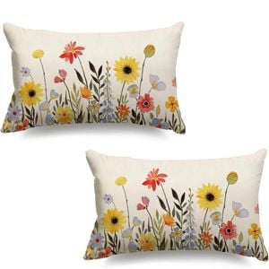 Catzon 2 Pcs Summer Lumbar Pillow Covers Linen Pillowcase for Home Decor-Set 37