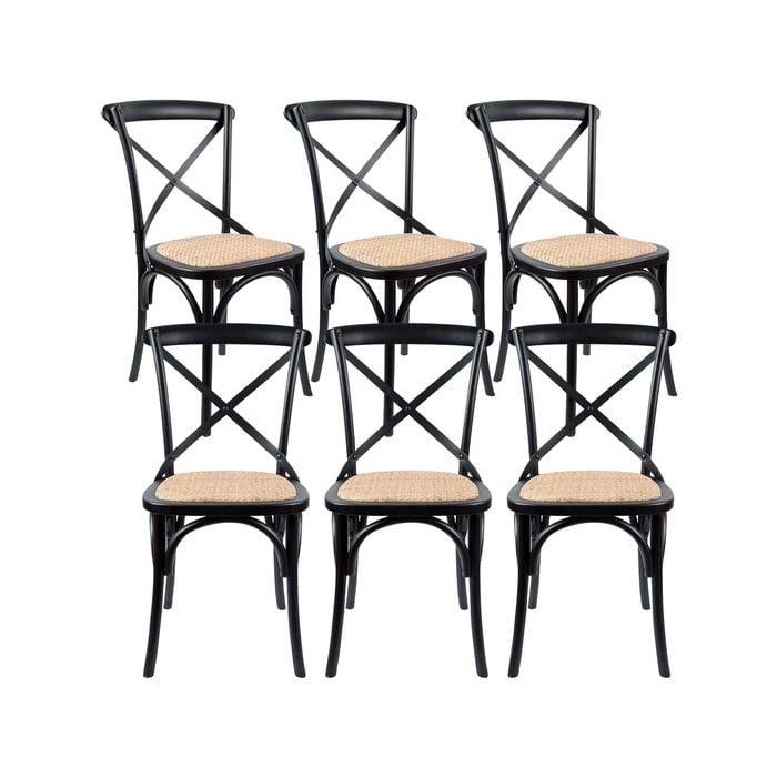 Aster Crossback Dining Chair Set of 6 Solid Birch Timber Wood Ratan Seat - Black