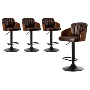 Oikiture 4x Bar Stools Adjustable Counter Height Stool Swivel Leather Brown