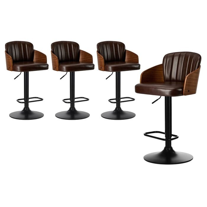 Oikiture 4x Bar Stools Adjustable Counter Height Stool Swivel Leather Brown