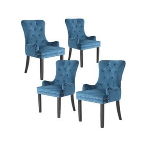 La Bella 4 Set Navy Blue French Provincial Dining Chair Ring Studded Lisse Velvet Rubberwood