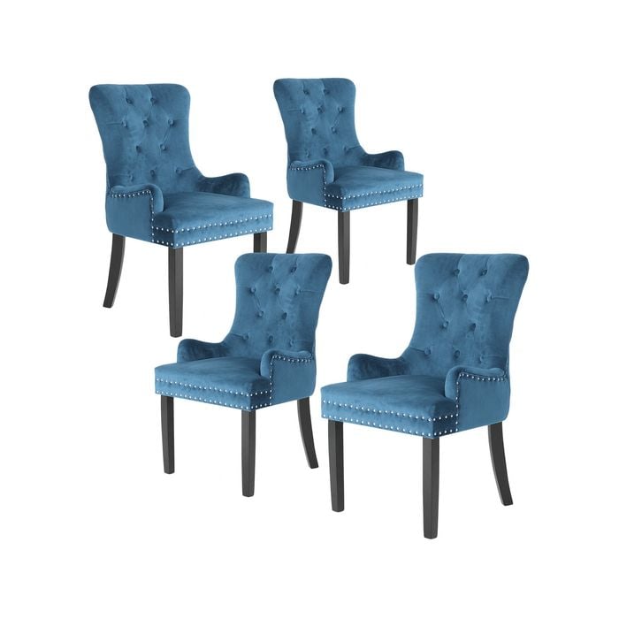 La Bella 4 Set Navy Blue French Provincial Dining Chair Ring Studded Lisse Velvet Rubberwood