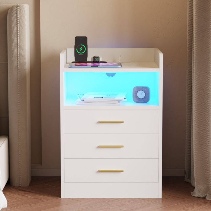 Advwin Bedside Table RGB LED Nightstand Charging Station 3 Drawers Cabinet White