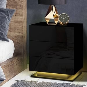 Artiss Bedside Table RGB LED 3 Drawers Gloss Black