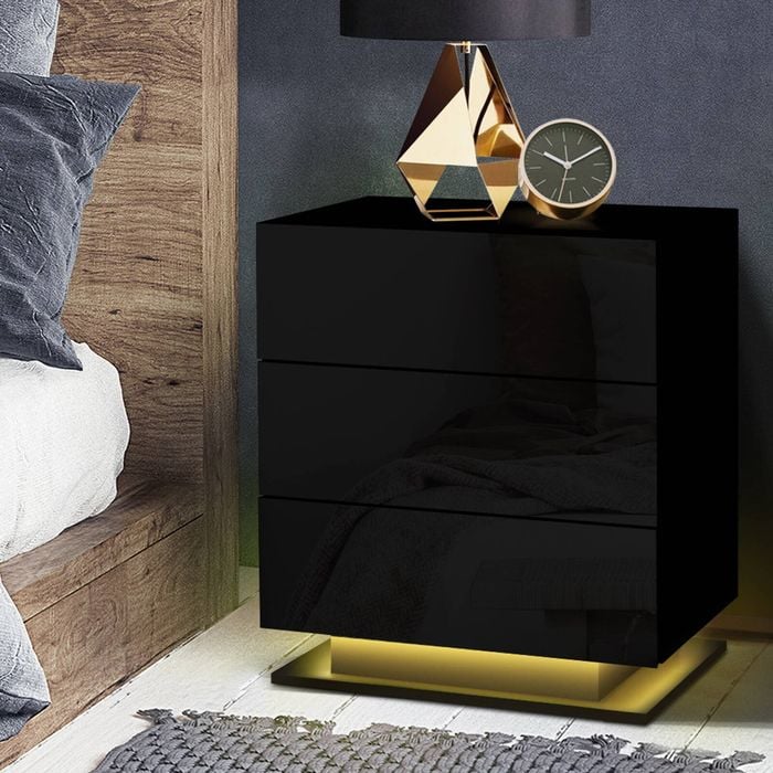 Artiss Bedside Table RGB LED 3 Drawers Gloss Black