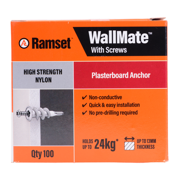 Ramset Nylon WallMate Plasterboard Anchor with Screws – 100 Pack 