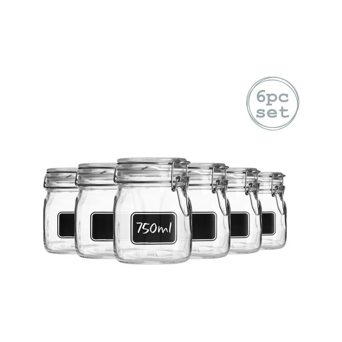 Bormioli Rocco 6pc Lavagna Glass Storage Jar Set with Chalkboard Labels - Food Pasta Jam Preserving Jars - 750ml