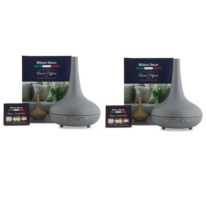 2 X Milano Decor Ultrasonic Aroma Diffusers + 6 Diffuser Oils Set Matt Grey
