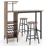 Costway 120cm Bar Table Stool Set Compact Dining Set w/Glass Holders & Wine Rack Coffee