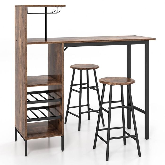 Costway 120cm Bar Table Stool Set Compact Dining Set w/Glass Holders & Wine Rack Coffee